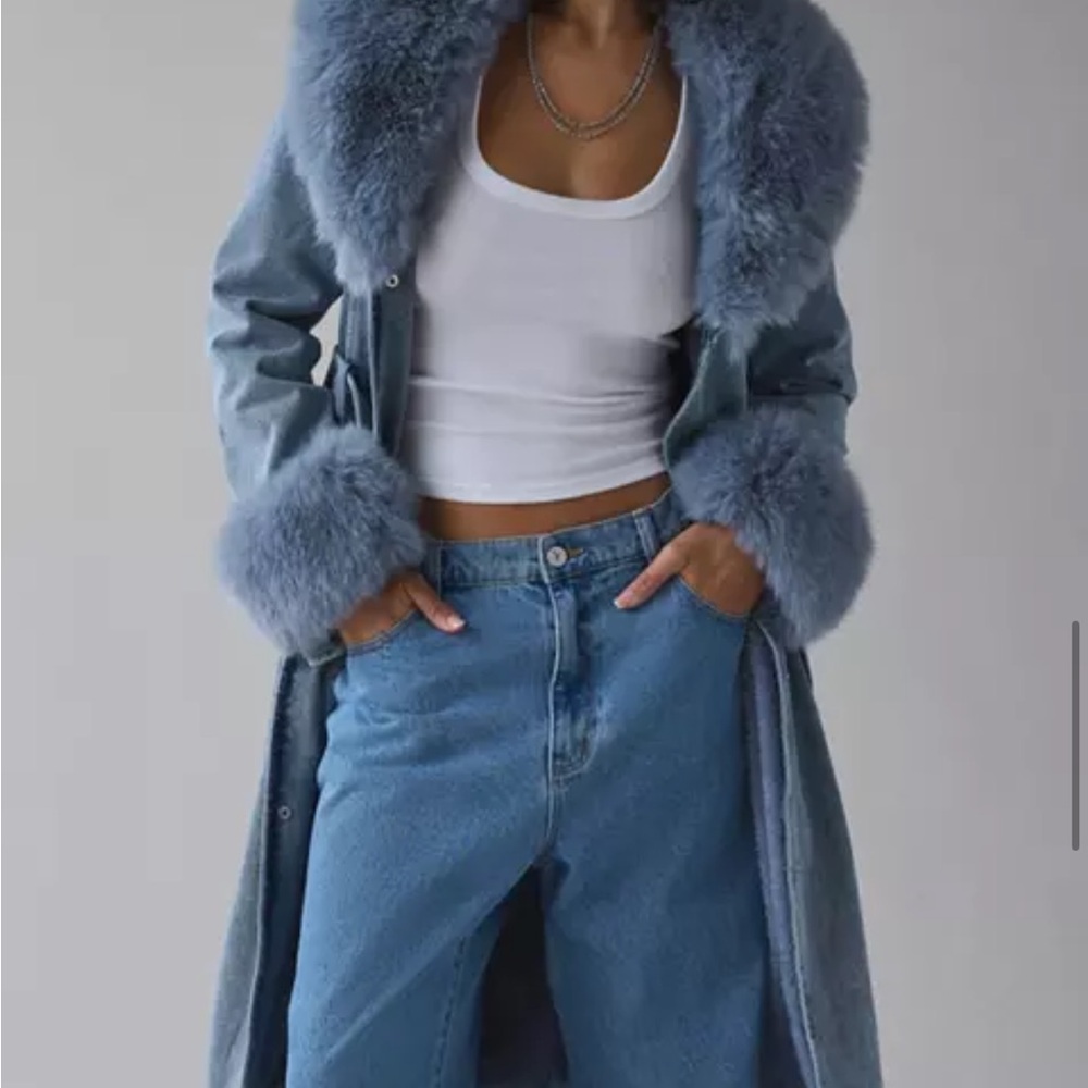 Azalea Wang Kaya Denim Faux Fur Trim Trench Coat